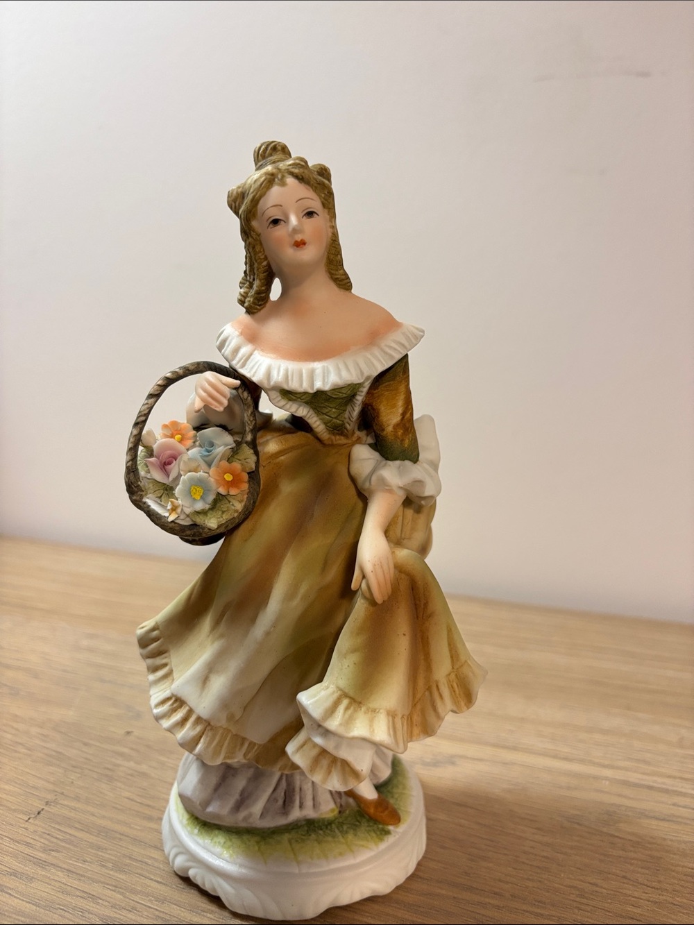 Porcelain Figurine of Woman in Olive Dress with Flower Basket